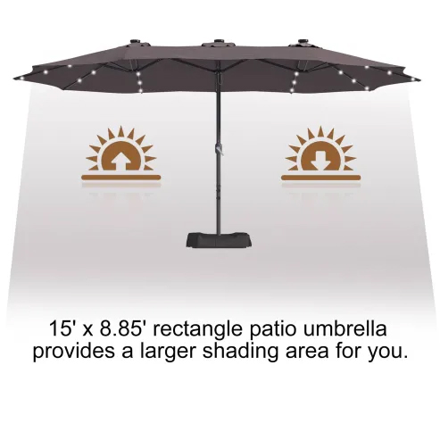 15ft Patio Steel Rectangular Double-Sided Market Umbrella With Base, Classic Design or Solar LED Lights Options,UV Sun Protection & Easy Crank for Deck Pool Patio.