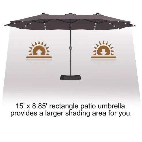 15ft Patio Steel Rectangular Double-Sided Market Umbrella With Base, Classic Design or Solar LED Lights Options,UV Sun Protection & Easy Crank for Deck Pool Patio.