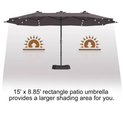 15ft Patio Steel Rectangular Double-Sided Market Umbrella With Base, Classic Design or Solar LED Lights Options,UV Sun Protection & Easy Crank for Deck Pool Patio.