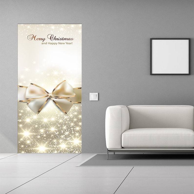 Golden Bow Christmas Door Cover - Christmas Door Covers - Outdoor Christmas Decorations - Front Door Decor - Holiday Door Covers