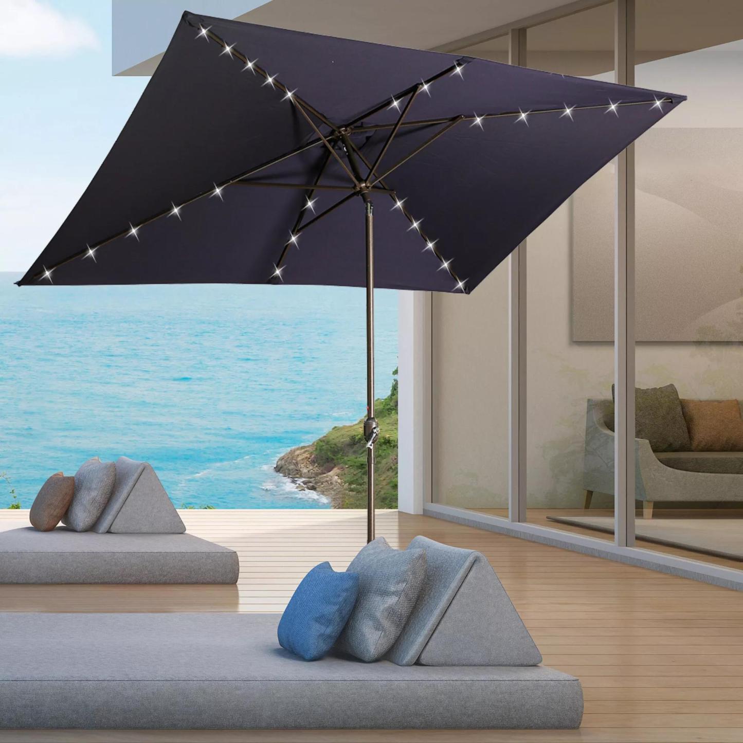 10Ft Outdoor Rectangular Umbrella with 26 Solar-Powered LED Lights, Crank and Tilt (Without Base)