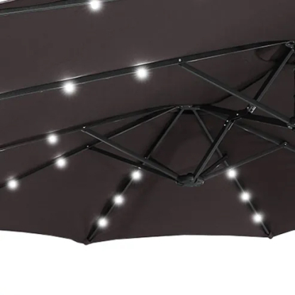 15ft Patio Steel Rectangular Double-Sided Market Umbrella With Base, Classic Design or Solar LED Lights Options,UV Sun Protection & Easy Crank for Deck Pool Patio.