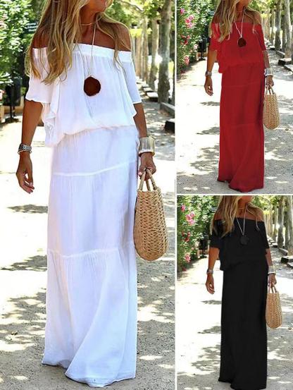 Solid Off Shoulder High Waist Long Maxi Dress