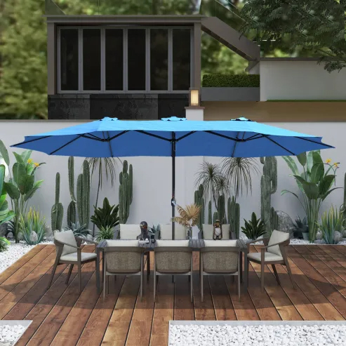 15ft Patio Steel Rectangular Double-Sided Market Umbrella With Base, Classic Design or Solar LED Lights Options,UV Sun Protection & Easy Crank for Deck Pool Patio.