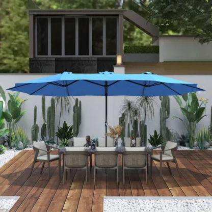 15ft Patio Steel Rectangular Double-Sided Market Umbrella With Base, Classic Design or Solar LED Lights Options,UV Sun Protection & Easy Crank for Deck Pool Patio.
