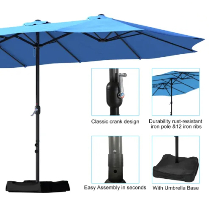 15ft Patio Steel Rectangular Double-Sided Market Umbrella With Base, Classic Design or Solar LED Lights Options,UV Sun Protection & Easy Crank for Deck Pool Patio.