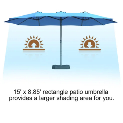 15ft Patio Steel Rectangular Double-Sided Market Umbrella With Base, Classic Design or Solar LED Lights Options,UV Sun Protection & Easy Crank for Deck Pool Patio.