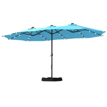 15ft Patio Steel Rectangular Double-Sided Market Umbrella With Base, Classic Design or Solar LED Lights Options,UV Sun Protection & Easy Crank for Deck Pool Patio.