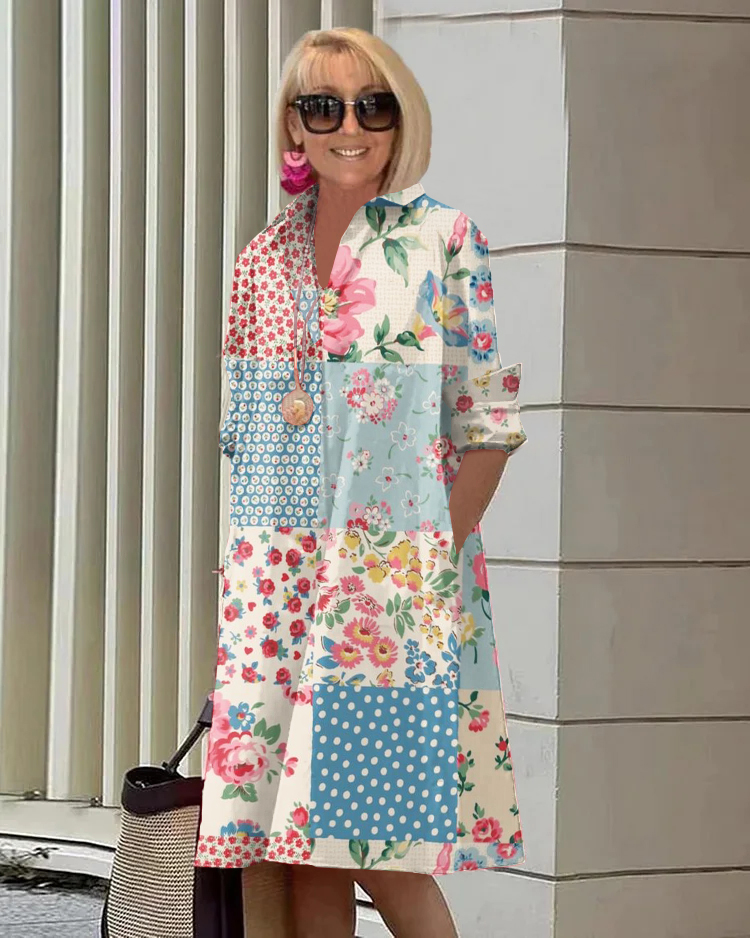 Vintage Floral Long Sleeve Pocket Shirt Dress