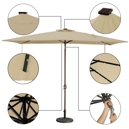 10Ft Outdoor Rectangular Umbrella with 26 Solar-Powered LED Lights, Crank and Tilt (Without Base)