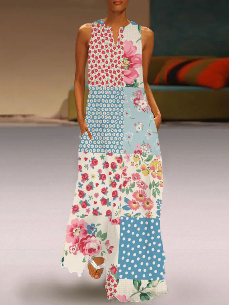 Retro Contrast Floral Casual Sleeveless Long Dress