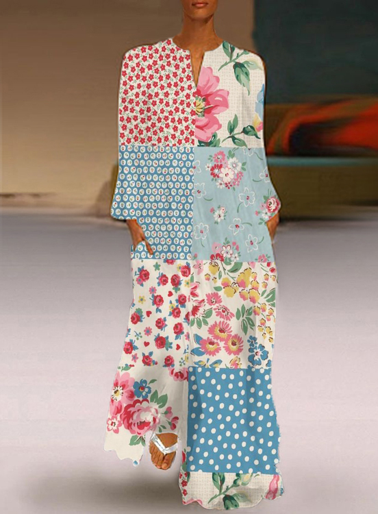 Retro Contrast Floral Casual Long-sleeved Long Dress