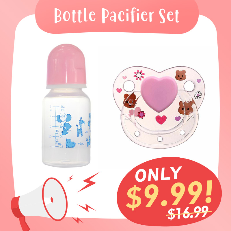 Pink Style Pacifier and Bottle 2 Piece Set Safest Reborn Baby Doll Acc