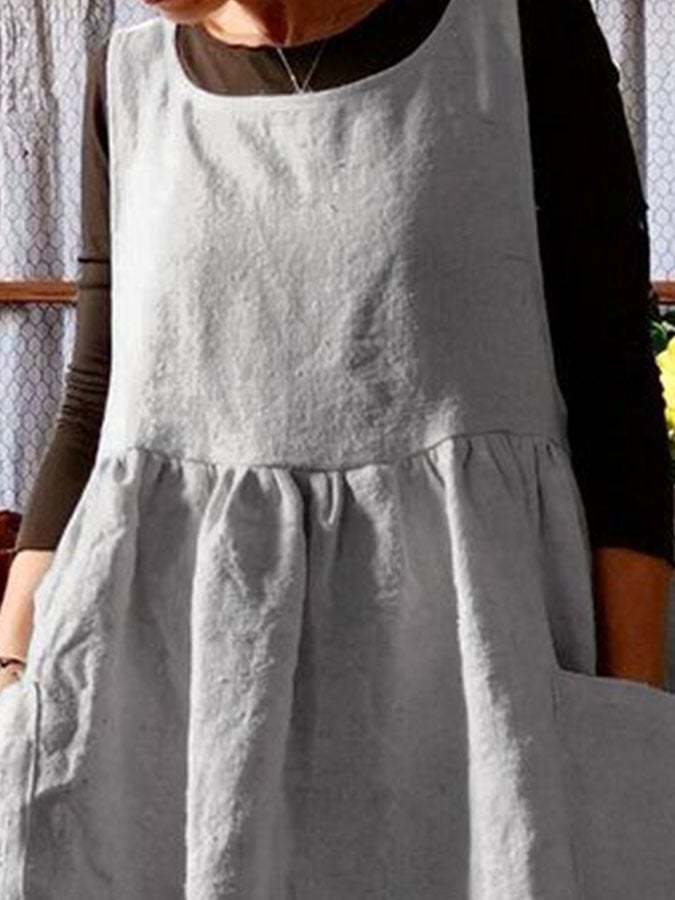 Cotton Linen Casual Solid Color With Pocket Print Dress