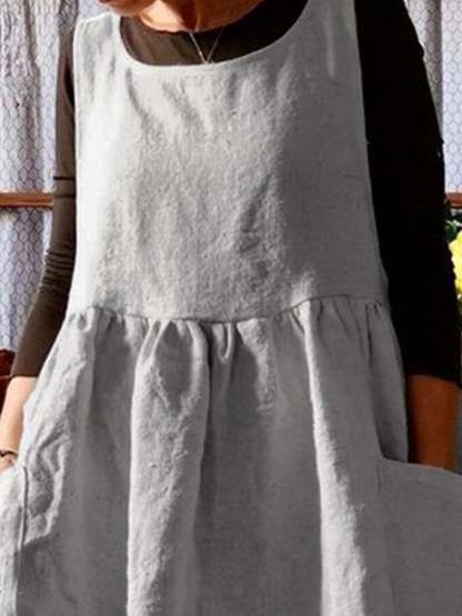 Cotton Linen Casual Solid Color With Pocket Print Dress