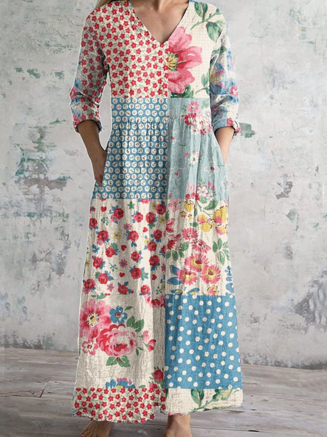 Retro Floral Print Short Sleeve V Neck Midi Dress