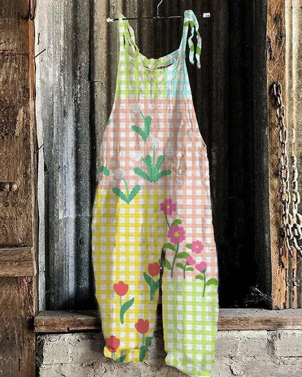 Vintage Bohemian Resort Style Floral Art Loose Jumpsuit