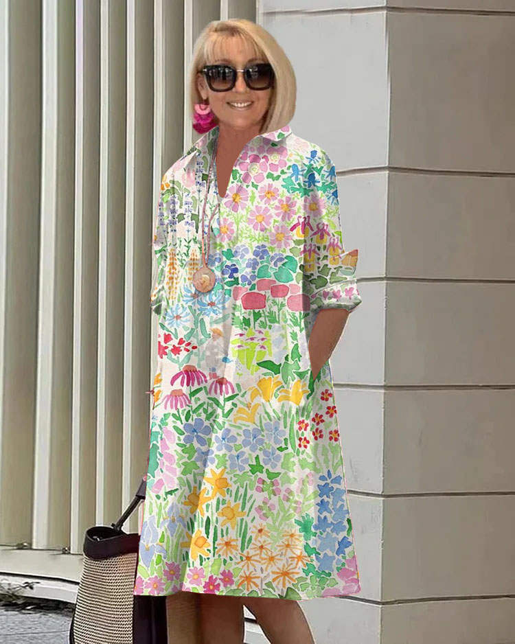 Vintage Floral Long Sleeve Pocket Shirt Dress