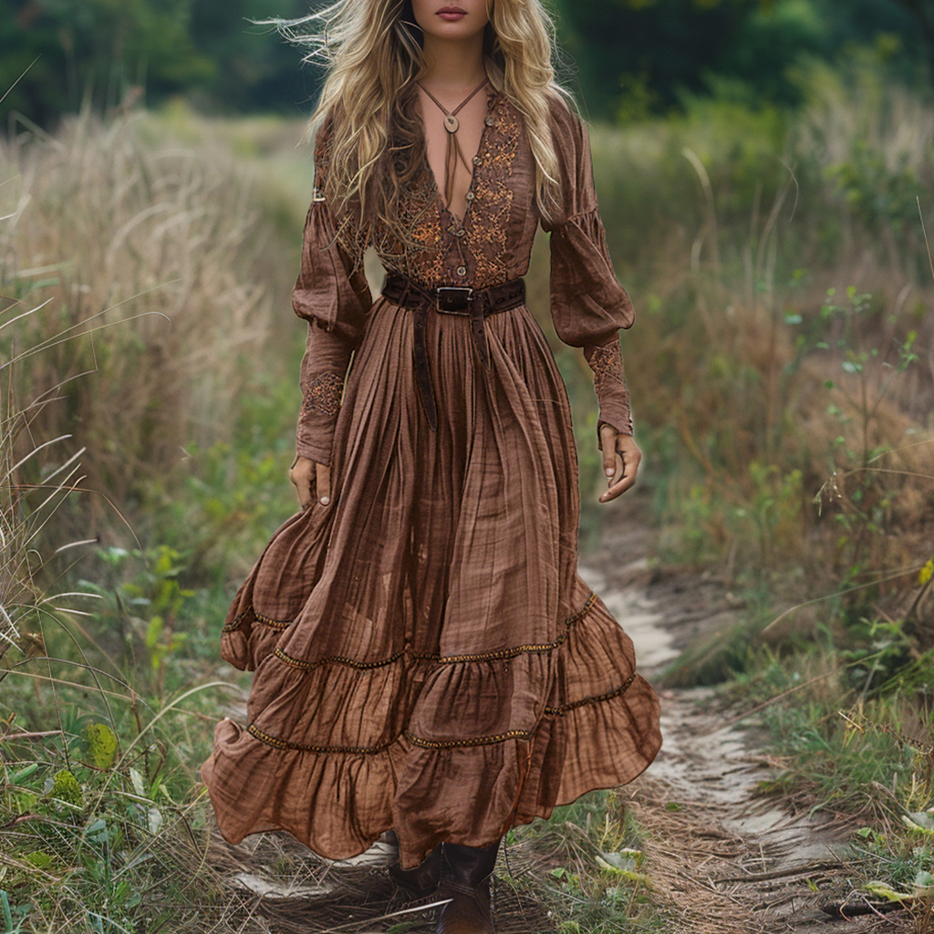 Boho linen dress, bohemian dress,natural linen, rust brown dress, olive green, causal retailer wrap dress, puff sleeve vintage dress, retro dress