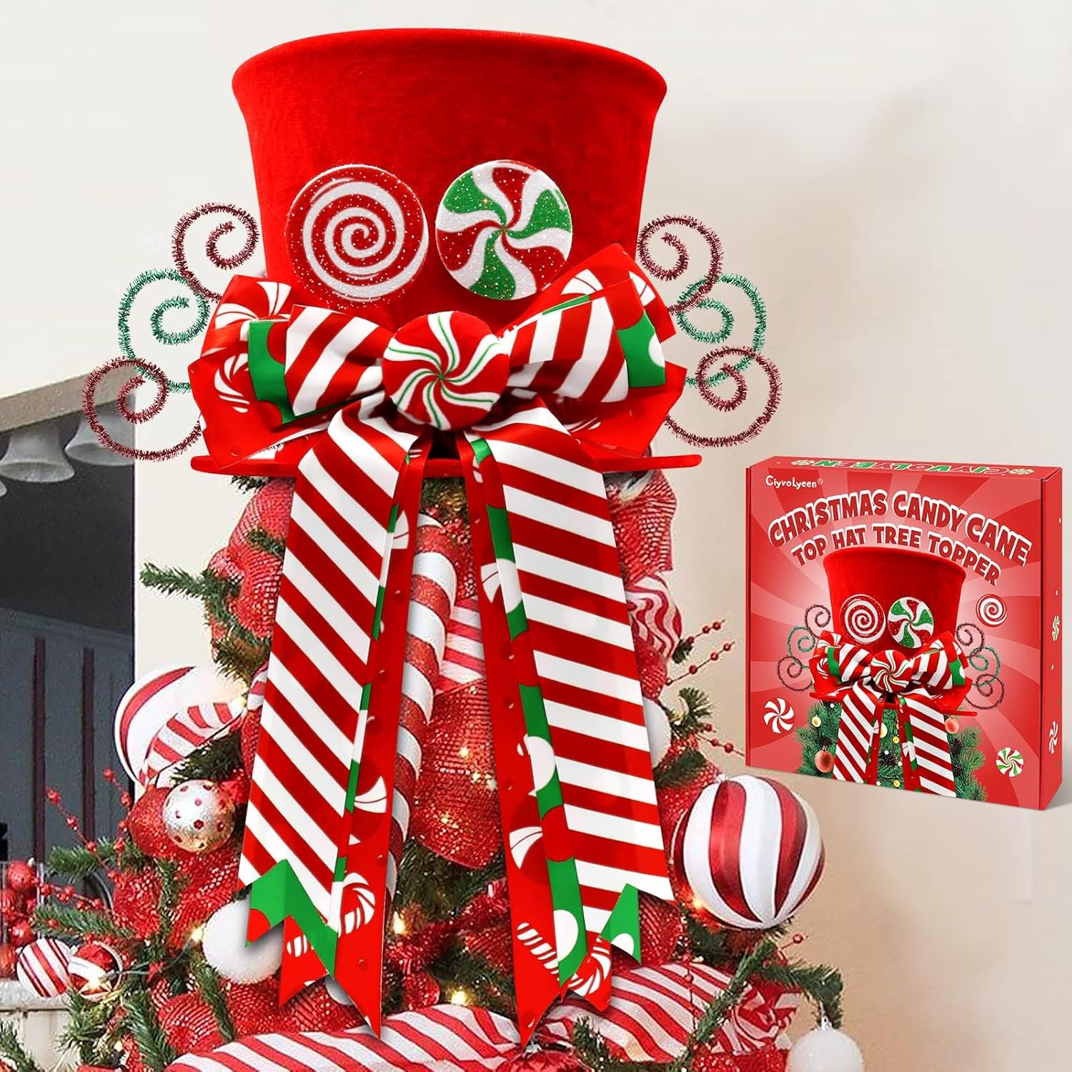 Christmas Candy Canes Tree Topper Red Hat with Peppermint Bows 