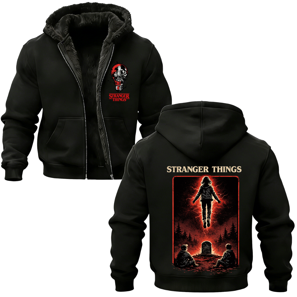 Stranger Things Printed Zippered Hooded Fleece Cardigan 