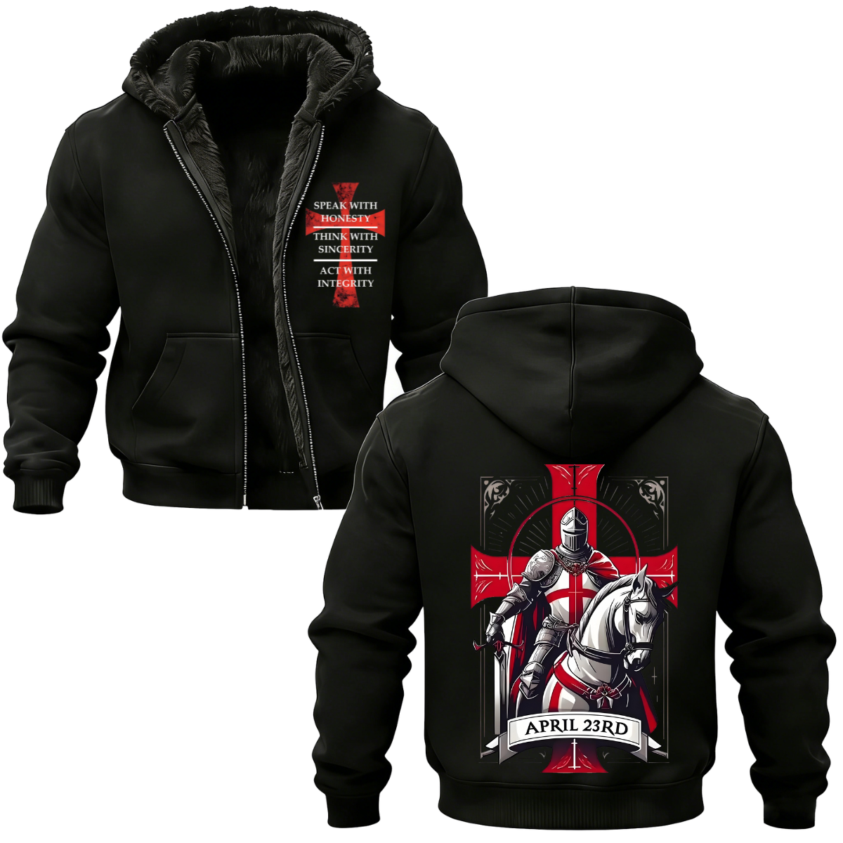 Knights Templar Crusader Banner Printed Zippered Hooded Fleece Cardigan