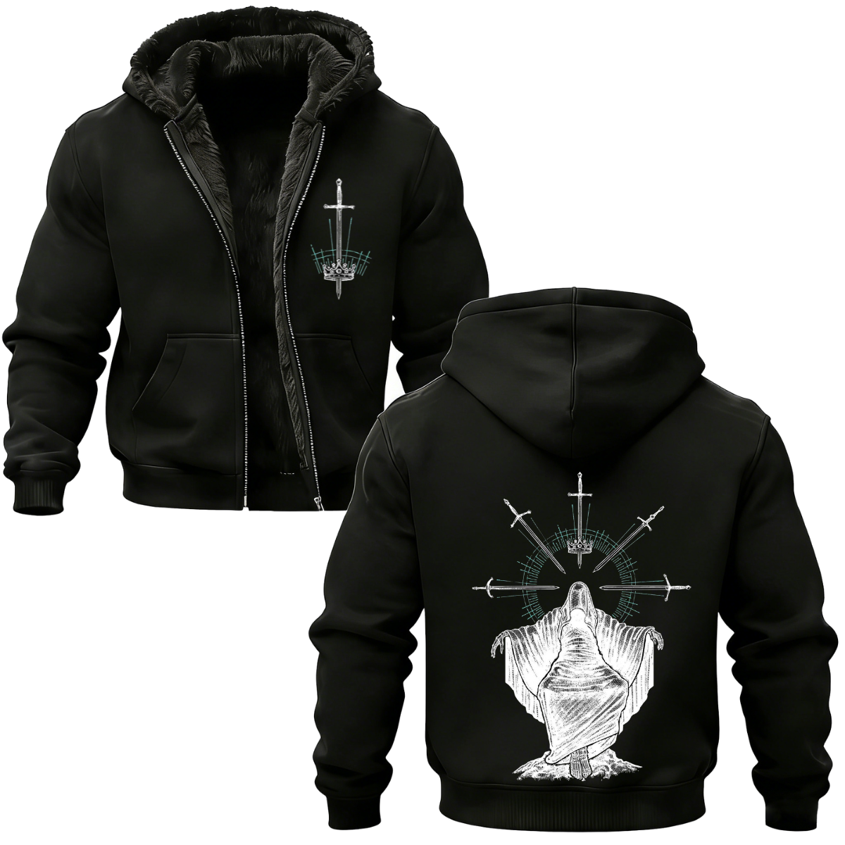 tyrant Printed Zippered Hooded Fleece Cardigan