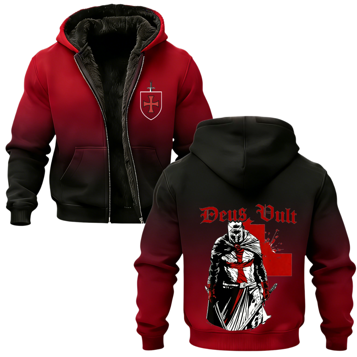 Knights Templar Crusader Banner Printed Zippered Hooded Fleece Cardigan
