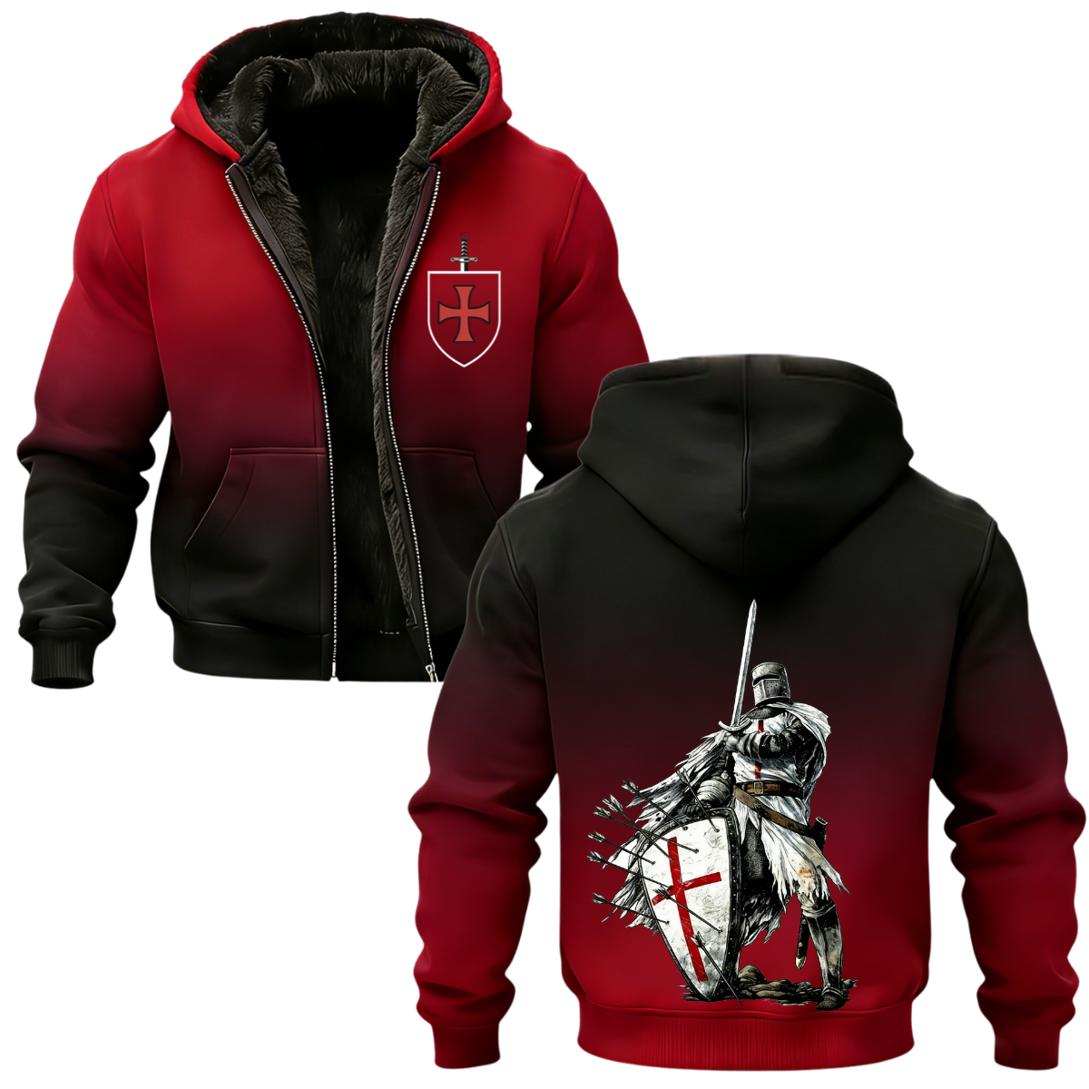 Knights Templar Crusader Banner Printed Zippered Hooded Fleece Cardigan