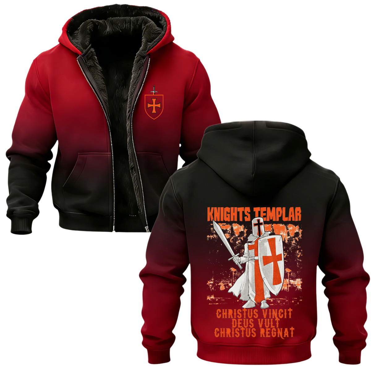 Knights Templar Crusader Banner Printed Zippered Hooded Fleece Cardigan