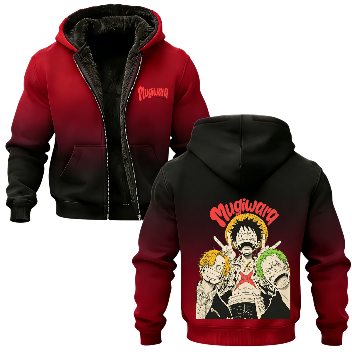  One Piece Printed Zippered Hooded Fleece Cardigan