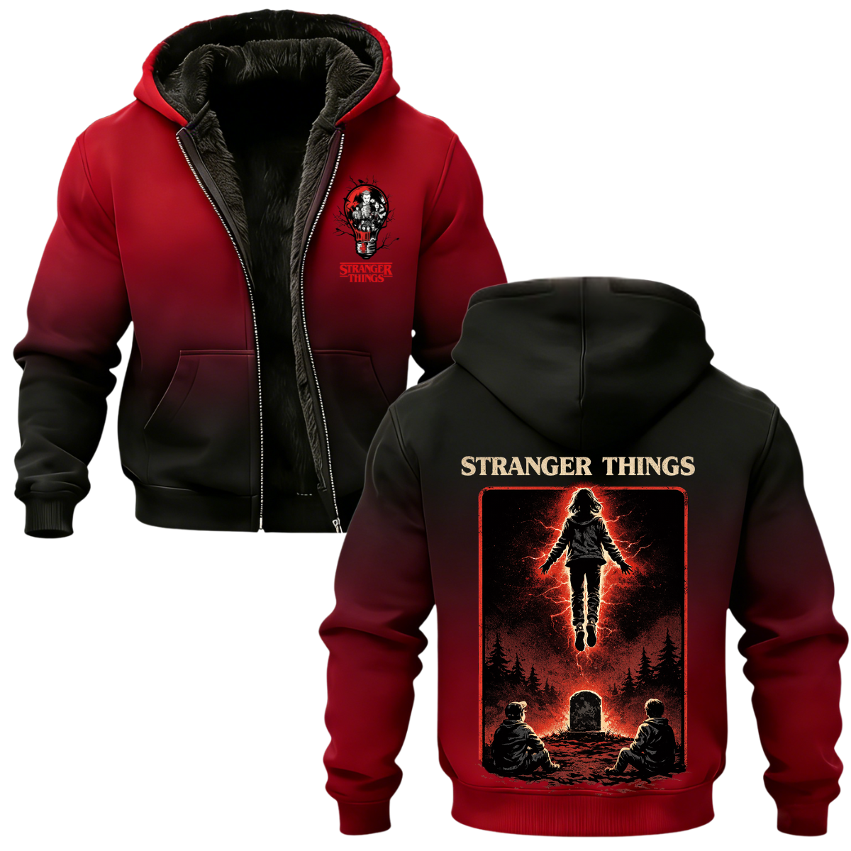 Stranger Things Printed Zippered Hooded Fleece Cardigan