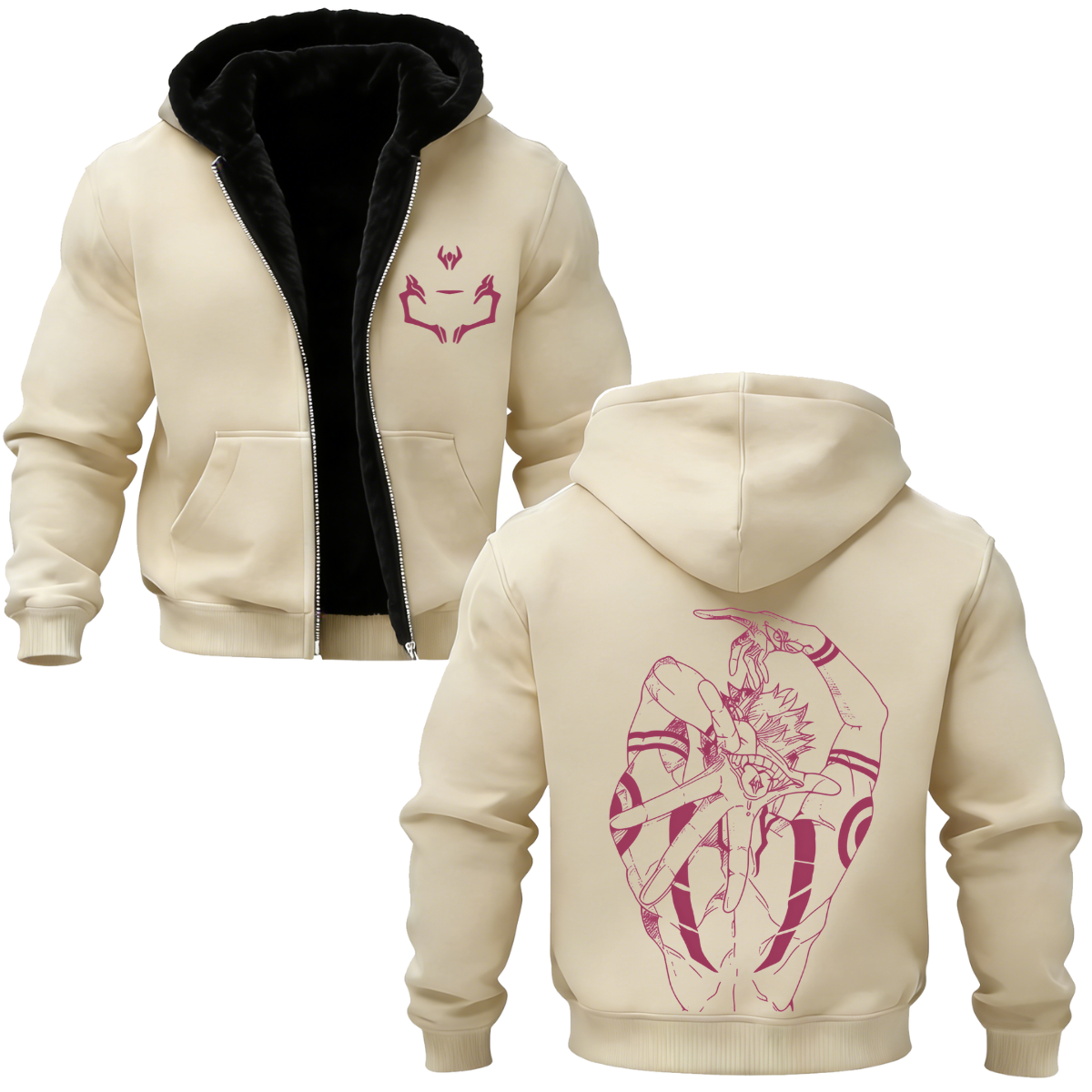 Ryomen Sukuna Jujutsu Kaisen Printed Zippered Hooded Fleece Cardigan