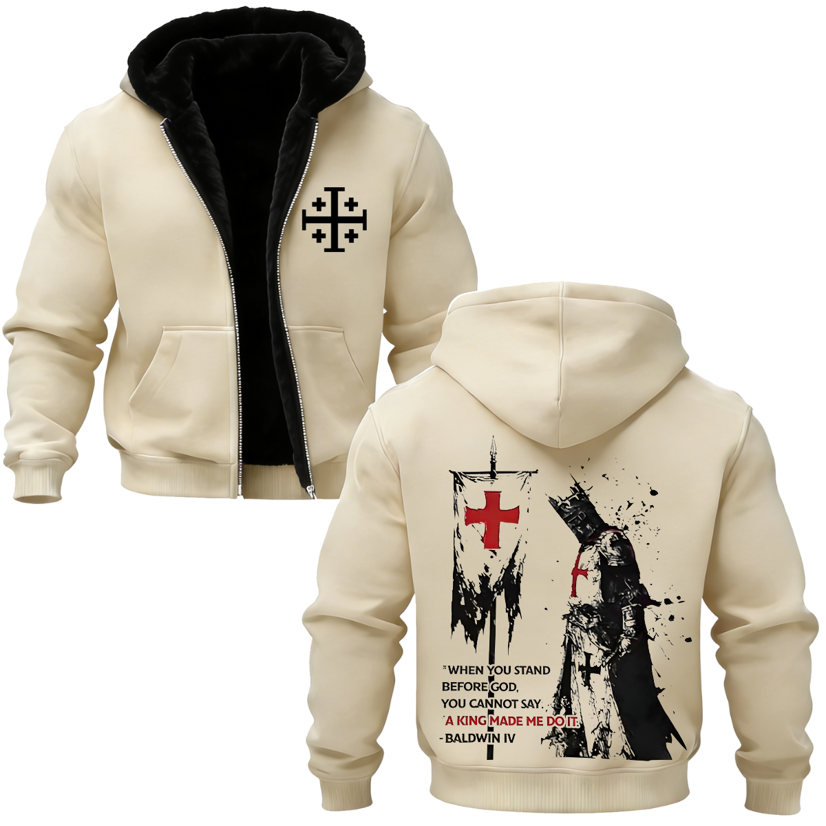 Knights Templar Crusader Banner Printed Zippered Hooded Fleece Cardigan