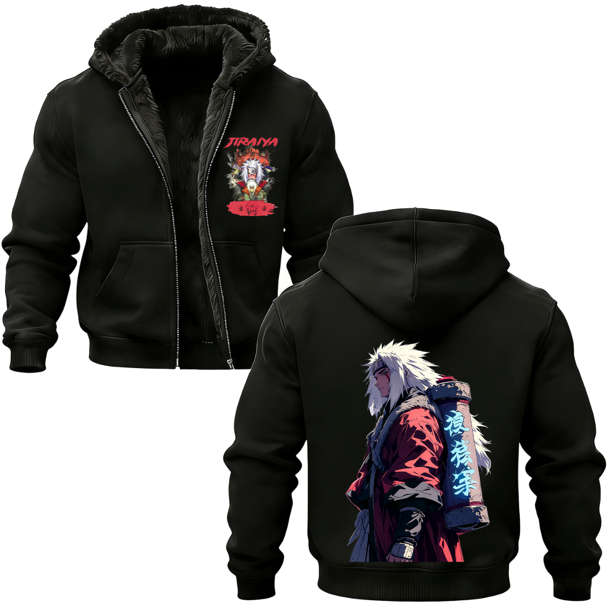 Naruto Jiraiya Printed Zippered Hooded Fleece Cardigan