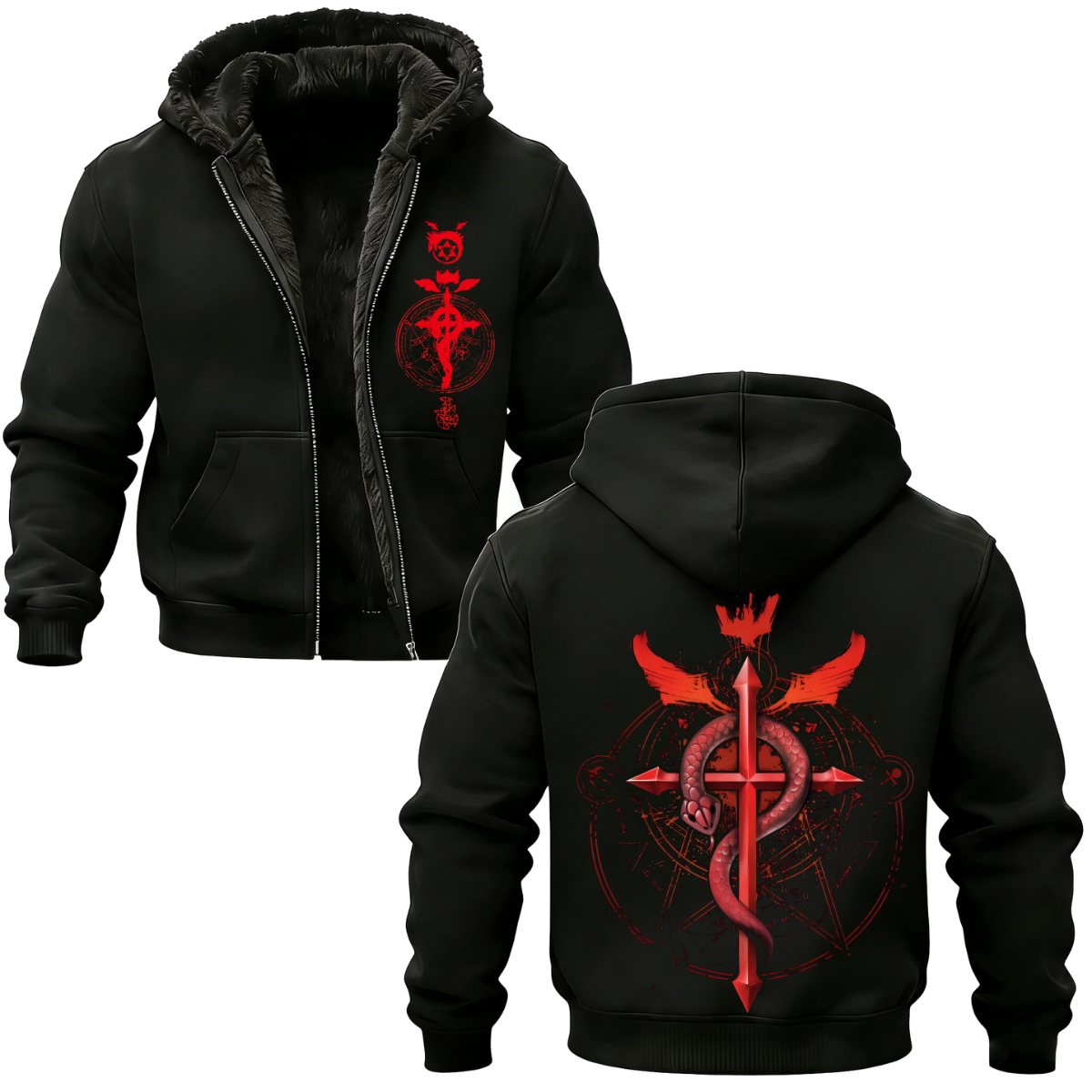 Fullmetal Alchemist Printed Zippered Hooded Fleece Cardigan
