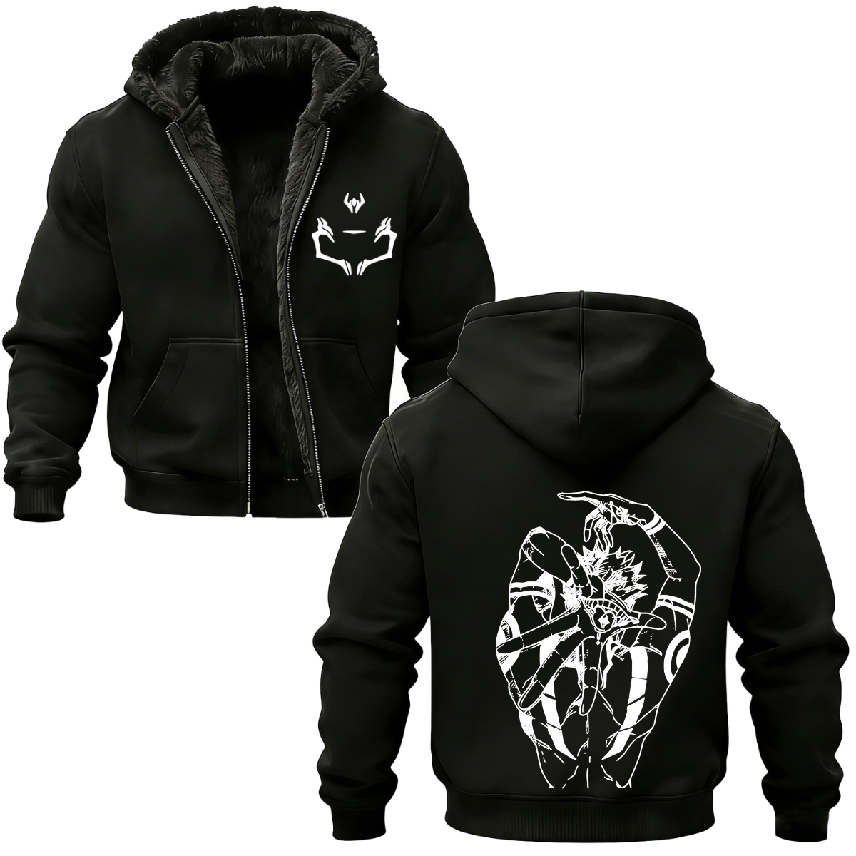 Ryomen Sukuna Jujutsu Kaisen Printed Zippered Hooded Fleece Cardigan 