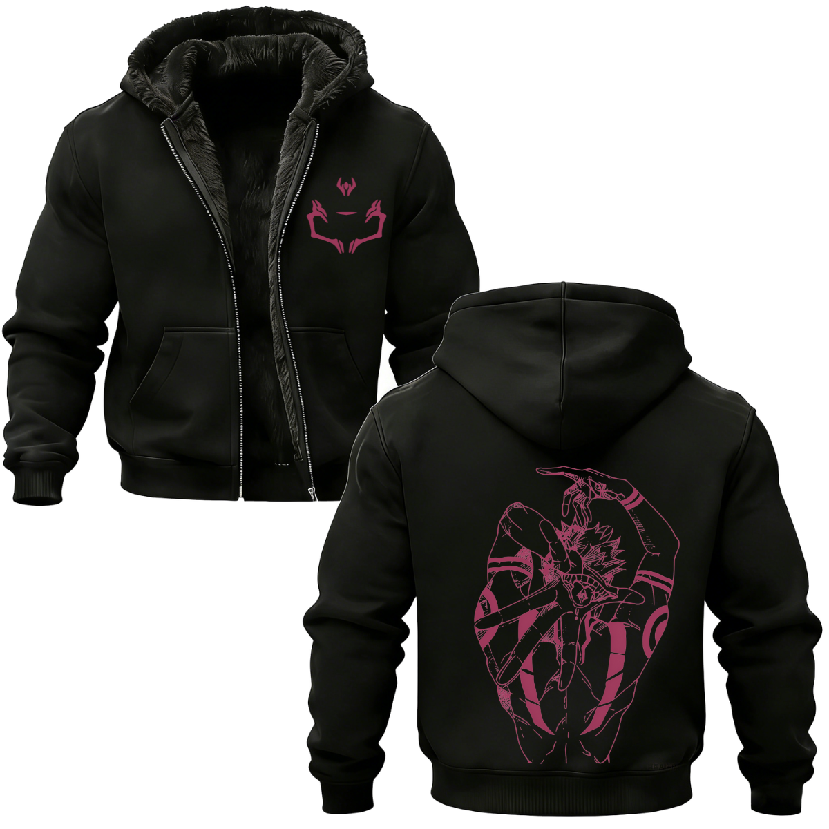 Ryomen Sukuna Jujutsu Kaisen Printed Zippered Hooded Fleece Cardigan 