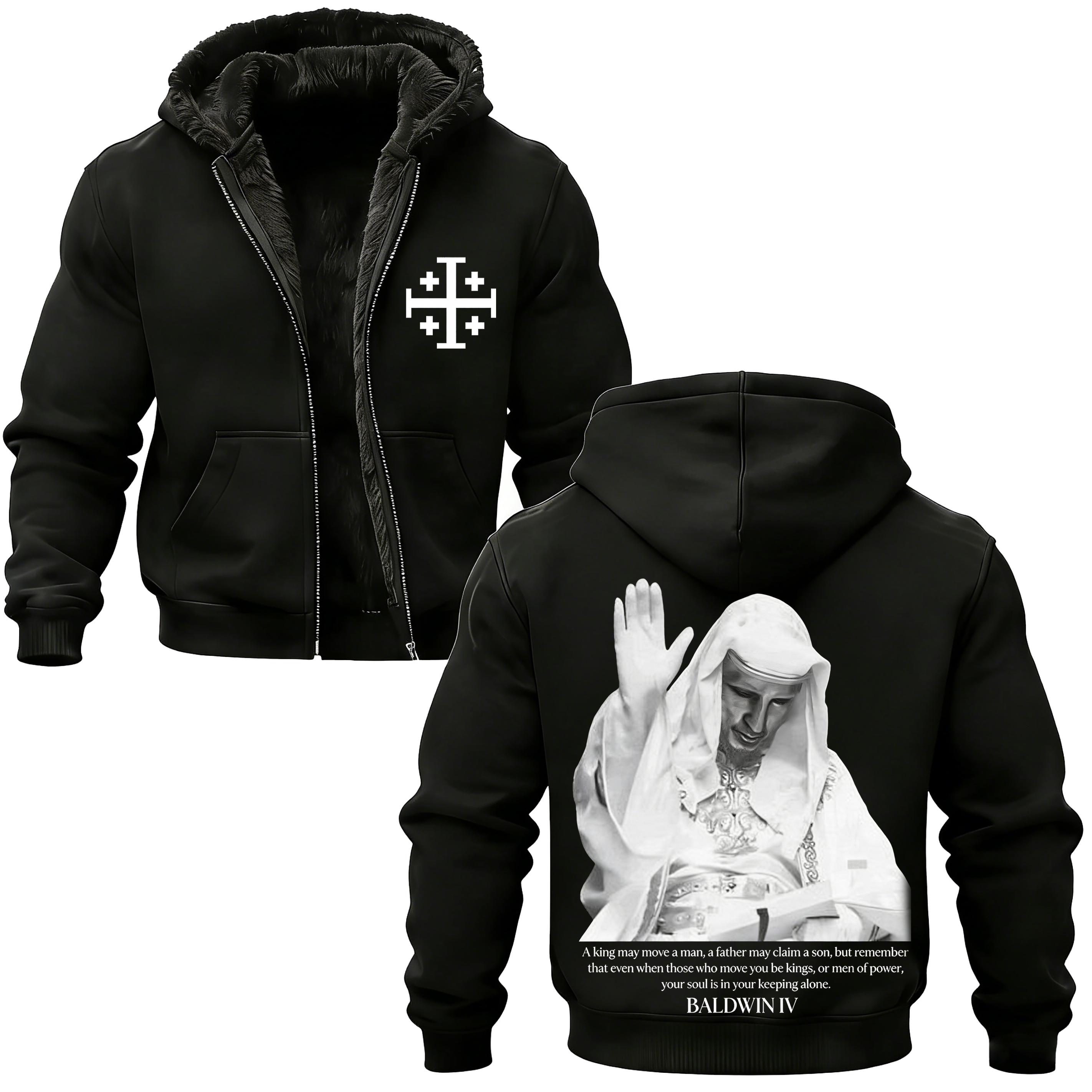 Baldwin IV Vintage Printed Zippered Hooded Fleece Cardigan 