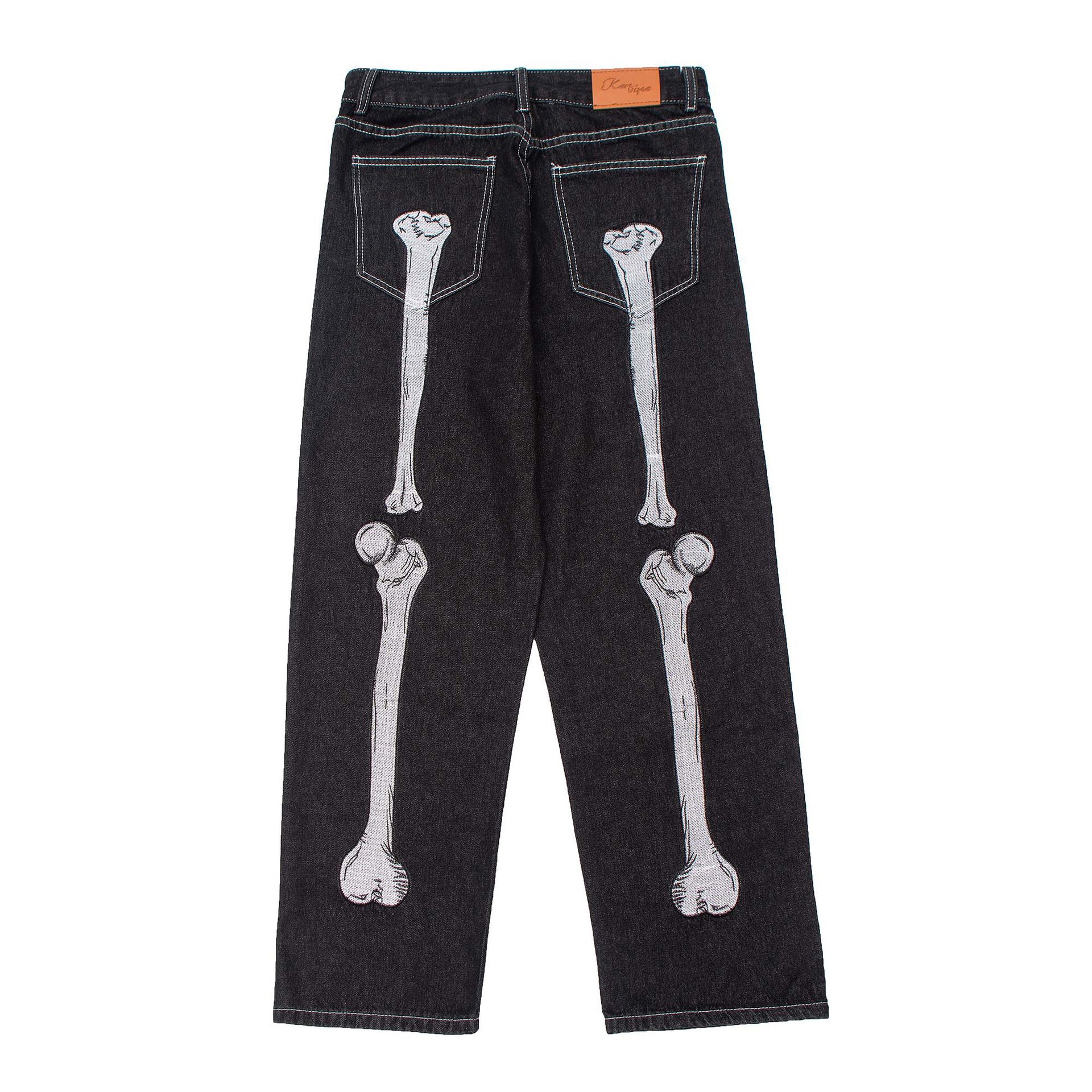 Streetwear dark-style bone print jean 