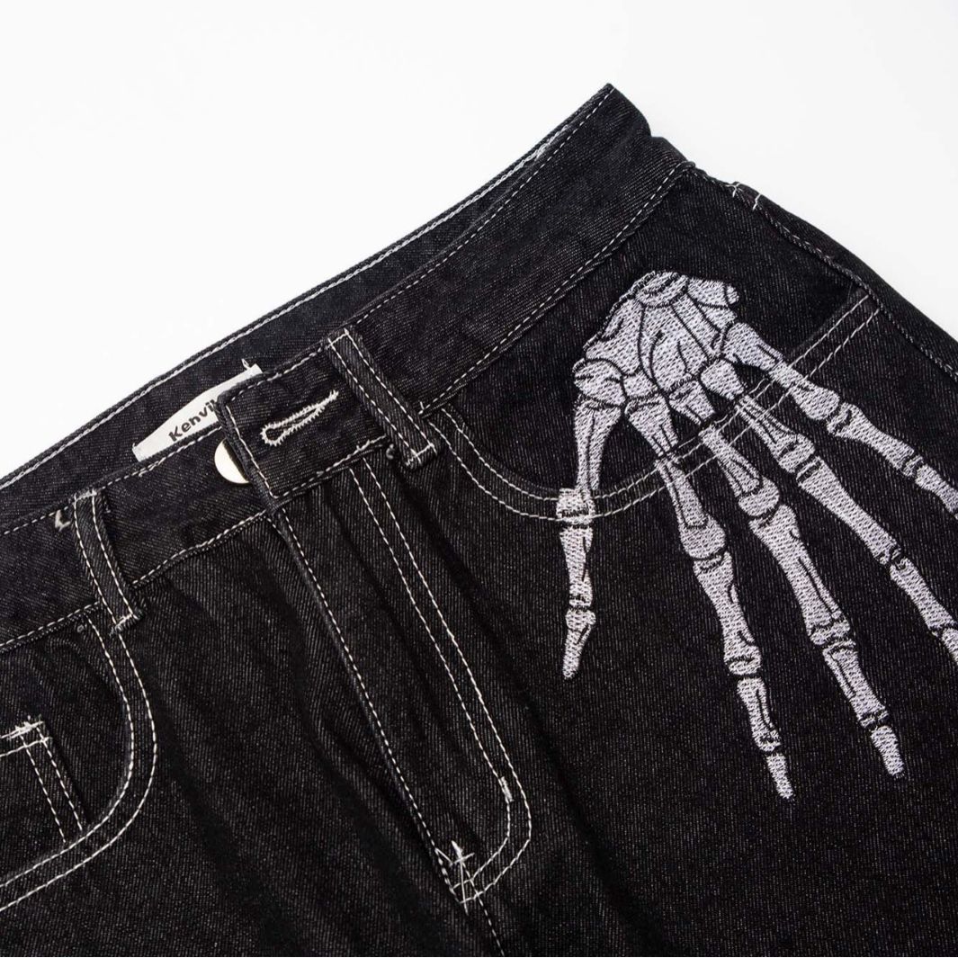 Streetwear dark-style bone print jean 