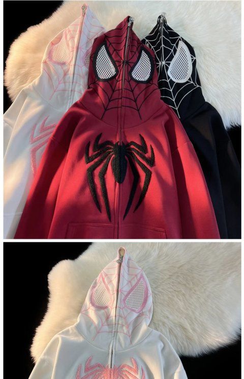 Cute Spider Retro Embroidered Matching Zipper Hoodie