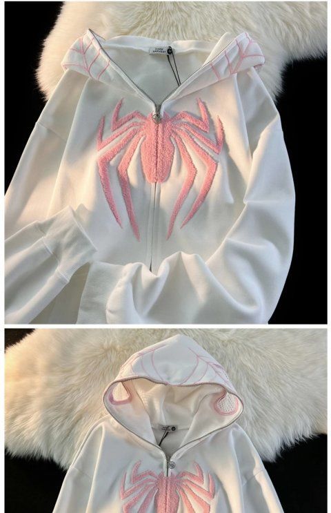 Cute Spider Retro Embroidered Matching Zipper Hoodie