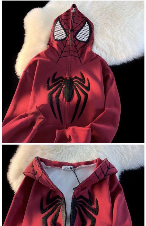 Cute Spider Retro Embroidered Matching Zipper Hoodie