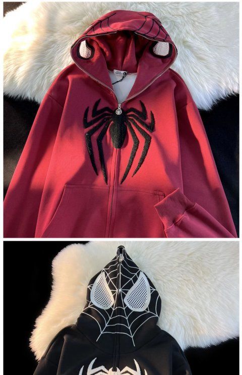 Cute Spider Retro Embroidered Matching Zipper Hoodie