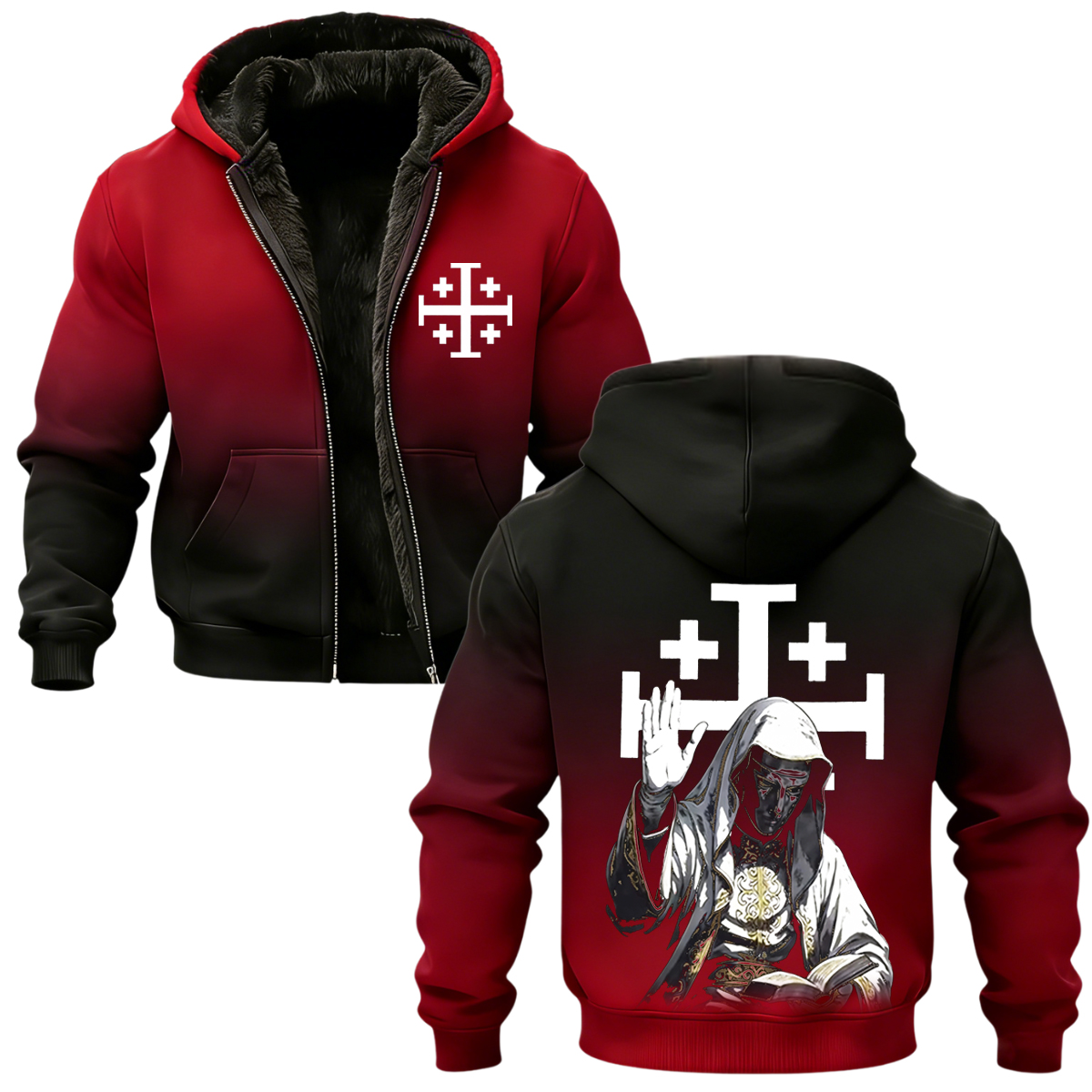 Baldwin IV Vintage Printed Zippered Hooded Fleece Cardigan 