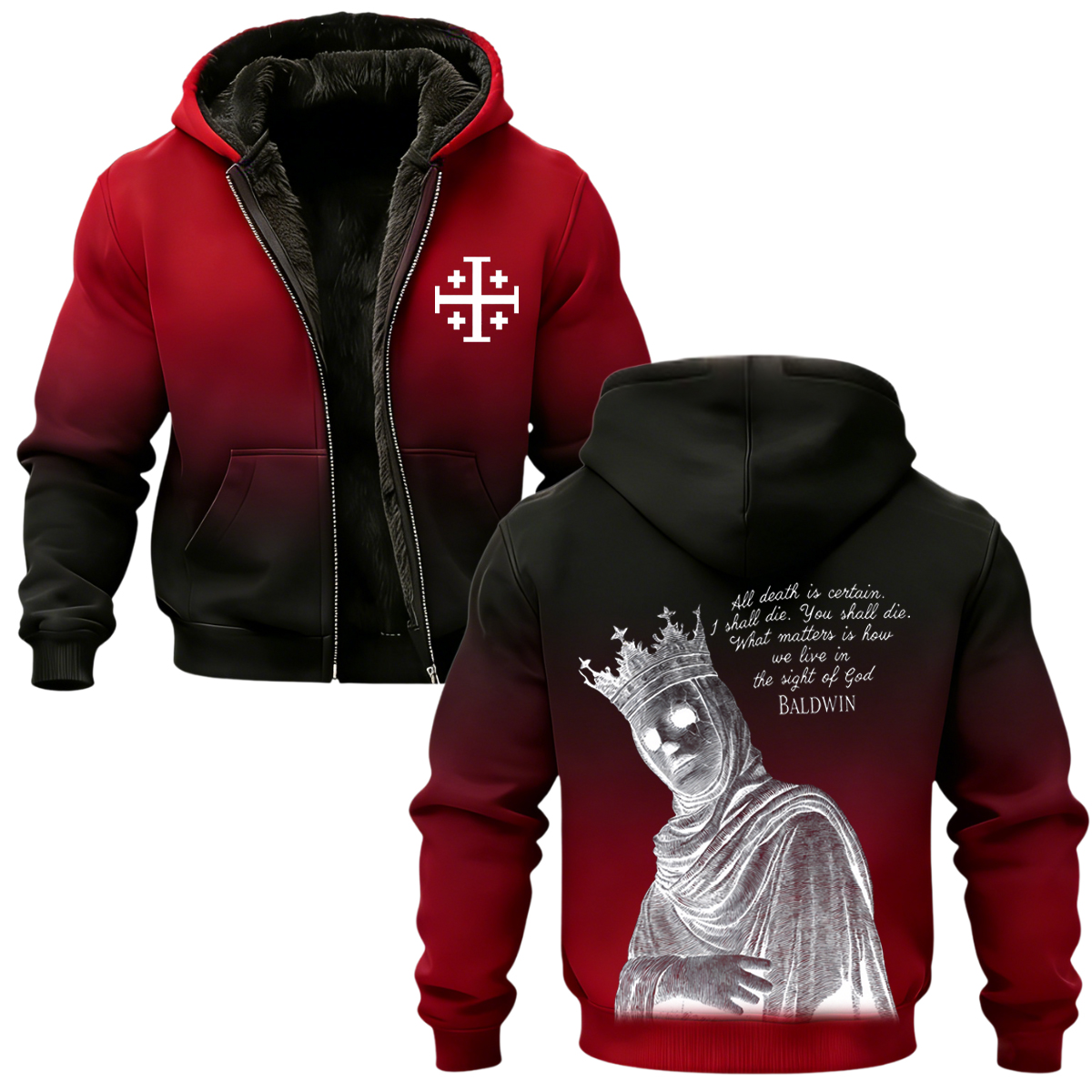 Baldwin IV Vintage Printed Zippered Hooded Fleece Cardigan 