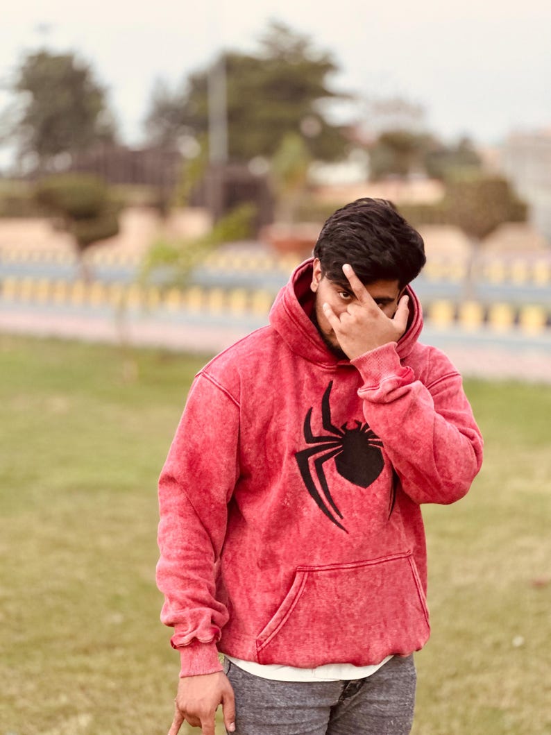 Cute Spider Retro Print Washed Hoodie