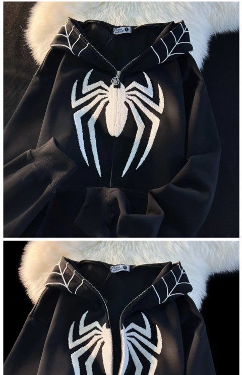 Cute Spider Retro Embroidered Matching Zipper Hoodie