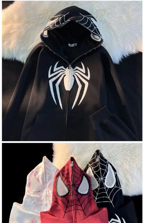 Cute Spider Retro Embroidered Matching Zipper Hoodie